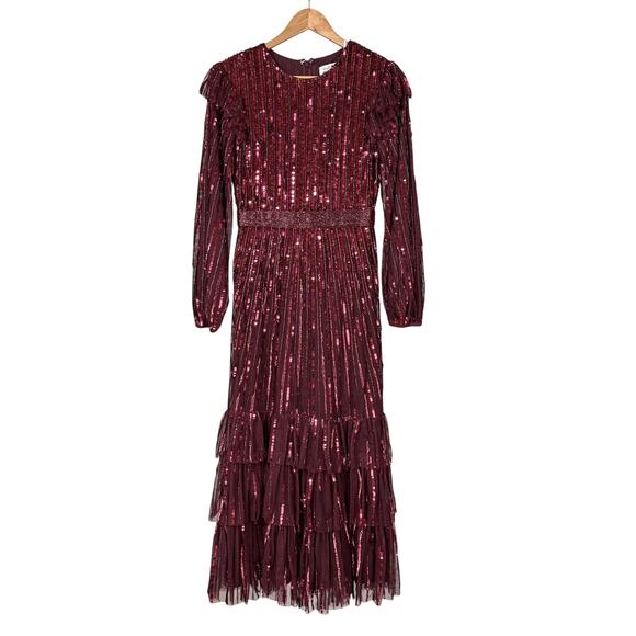 Mac Duggal NWT Red Long Sleeve Ruffle Detail Sequin Midi Dress Size 2 High Neck - Picture 3 of 10